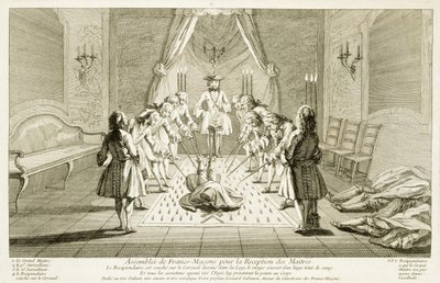 Zgromadzenie masonów do inicjacji mistrza, z Ceremonii religii i zwyczaju, c.1733 autorstwa French School