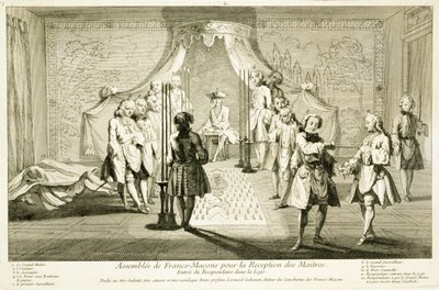 Zgromadzenie masonów w sprawie inicjacji mistrza, wejście kandydata do loży, z Ceremonii religii i zwyczaju, c.1733 autorstwa French School