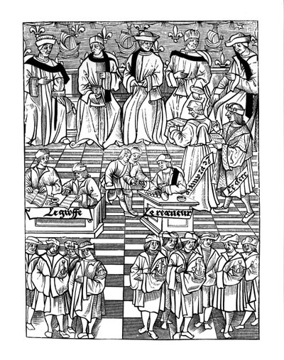 Zgromadzenie Provostship of the Merchants of Paris, według drzeworytu w Ordannances Royaux de la Jurisdiction de la Prevote de Marchands et Eschevinage de la Ville de Paris autorstwa Jacquesa Nyverda, publis autorstwa French School