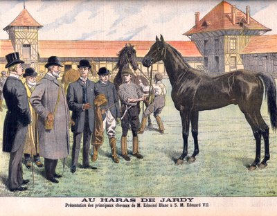 W stadninie Jardy pod Paryżem (Marnes-la-Coquette). Hodowca Edmond Blanc pokazujący swoje najlepsze konie królowi Edwardowi VII. Stadnina Jardy. Prezentacja głównych koni pana Edmonda Blanca HM Edouardowi VII (1841-1910). Ilustracja do Le petit Journal autorstwa French School