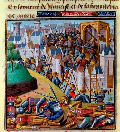 Atak na ufortyfikowane miasto Miniatura w "Le miroir historial" (Speculum Historiale) Vincenta de Beauvais (1190-1264) przetłumaczona na francuski przez Jeana de Vignaya autorstwa French School