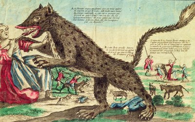 Ataki bestii z Gevaudan w 1764 roku (kolorowe grawerowanie) autorstwa French School