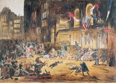 Próba życia Napoleona III i jego żony Eugenii autorstwa Felice Orsini i trzech wspólników 4 stycznia 1858 w Paryżu (kolorowe grawerowanie) autorstwa French School