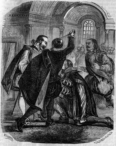 Próba zabójstwa Jeana Chastela (Jean Chatel) (1575-1594) na króla Francji Henryka IV w dniu 27 grudnia 1594. Rycina z XIX wieku. autorstwa French School