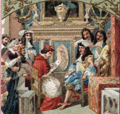 Audiencja u legata w pokoju króla (Ludwik XIV?) na zamku w Wersalu. Chromolitografia z końca XIX wieku autorstwa French School