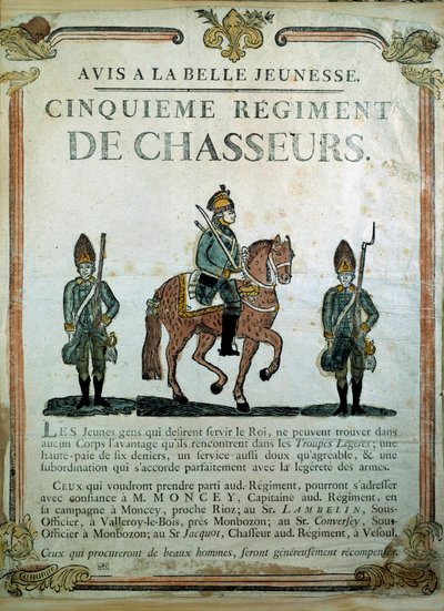 Avis à la Belle Jeunesse, plakat rekrutacyjny do 5 Pułku Łowców z XVIII wieku. Paryż, Musée de l