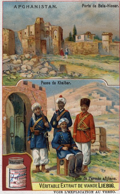 Brama Bala-Hissa w Afganistanie i żołnierze armii afgańskiej na przejściu Khaiber. Chromolitografia reklamowa XIX wieku. autorstwa French School