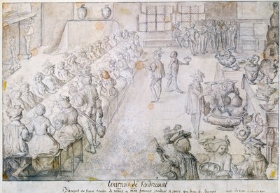 Bankiet na Turnieju Sandricourt w 1493 (brązowy tusz i ołówek na papierze) autorstwa French School