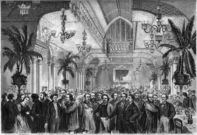 Bankiet gazety "Le Figaro", wydany 6 lutego 1864 w salonie Restaurant du Passage des Princes w Paryżu, na który przybyli dziennikarze, pisarze, artyści... Obecni, od lewej: Nestor Roqueplan , pani Ugalde , de Montaut, Piotr” autorstwa French School