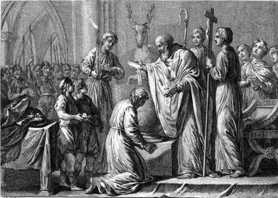 Chrzciciel Clovis 1, 25 grudnia 496: król franków (466-511) zostaje ochrzczony przez św. Remi (437-533), wigilię Reims, w kościele św. Marcina. Rycina z XVIII wieku. autorstwa French School