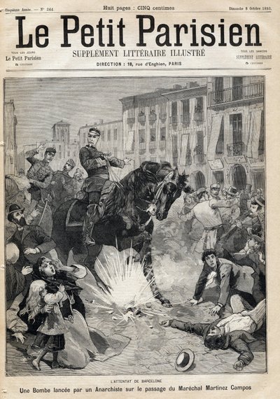 Bombardowanie w Barcelonie: bomba wystrzelona przez anarchistę na przejściu Marechal Arsenio Martinez Campos Anton autorstwa French School