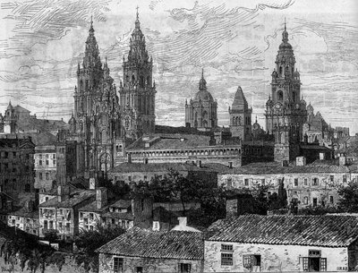 Sztuka baroku: widok na katedrę w Santiago de Compostela (Santiago de Compostela). Hiszpania. Grawer w „”Le Monde Illustré””n°1220 z 14 sierpnia 1880 r. autorstwa French School