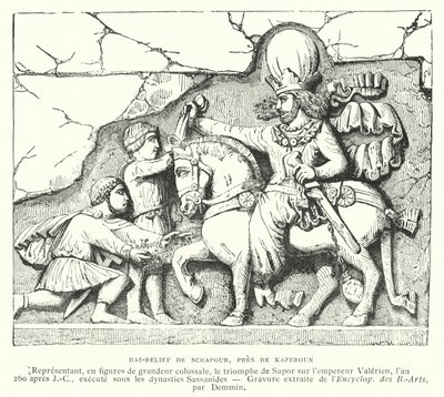 Płaskorzeźba w pobliżu Kazerun, Iran, przedstawiająca zwycięstwo króla Sasanii Szapura I nad cesarzem rzymskim Walerianem w bitwie pod Edessą, 260 (rycina) autorstwa French School