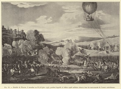 Bitwa pod Fleurus, 8 Messdor Rok II (26 czerwca 1794), podczas której uwięziony balon wojskowy obserwuje wszystkie ruchy armii austriackiej (rycina) autorstwa French School