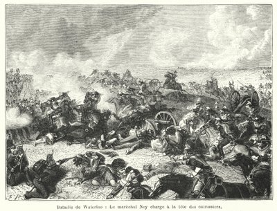 Bitwa pod Waterloo, marszałek Ney szarżujący na czele kirasjerów (rycina) autorstwa French School