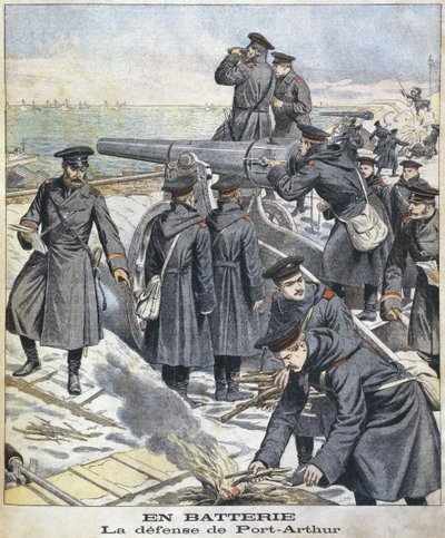 Bateria, obrona Port Arthur, ilustracja z le Petit Journal: Supplement Illustre, 27 marca 1904 r. autorstwa French School