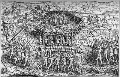 Bitwa pomiędzy francuską armią Samuela de Champlain (ok. 1567-1635) a Irokezami. Kanada, początek XVII wieku. Grawerowanie w „La Marine et les colonies: commerce” autorstwa French School