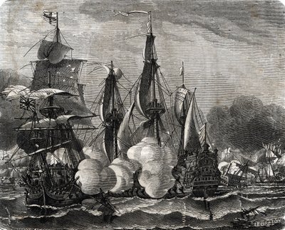 „Bitwa pod Bantry Bay bitwa morska stoczona 11 maja 1689, na tydzień przed wypowiedzeniem wojny dziewięcioletniej (bitwa morska w Bantry Bay stoczona 11 maja 1689, na tydzień przed wypowiedzeniem wojny dziewięcioletniej) Grawerowanie od Lahure