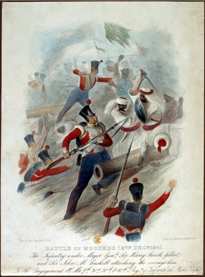 Bitwa pod Moodkee, 18 grudnia 1845, nr 4 z Wojna w Pendżabie, grawerowana przez W. Kohlera według LEnfant Bros., opublikowana przez Williama Spoonera, ok. 1845 autorstwa French School