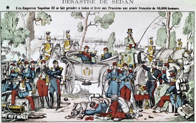 Bitwa pod Sedanem w 1870 roku. Były cesarz Napoleon III zostaje złapany pod Sedanem i dostarcza Prusom 80-tysięczną armię francuską, obraz kręgosłupa. autorstwa French School
