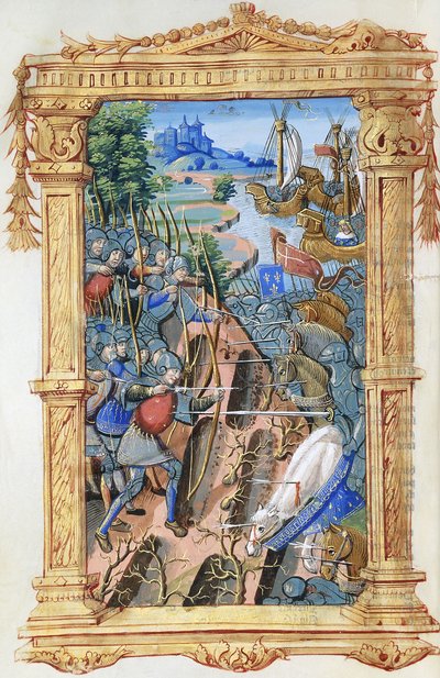 Scena bitwy między łucznikami i kawalerią, z zamkiem i statkami, ok. 1495-1500 autorstwa French School