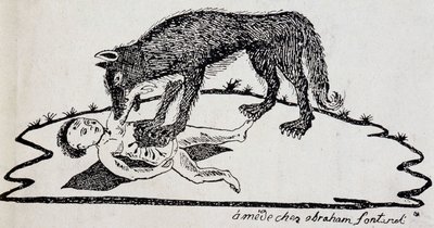 Bestia rozdarta dziecko (bestia z Gévaudan) - drzeworyt wydany w Mende (Archives du Puy-de-Dôme) autorstwa French School