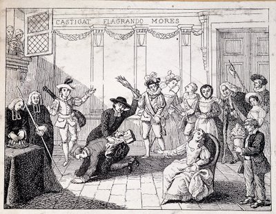 Beaumarchais biczujący się w Saint Lazare - scena sądzenia Beaumarchais, trzymającego w ręku broszurę "Folle journee" - z ap. obrazu Comedie Francaise, rycina autorstwa French School
