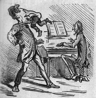 Przed śpiewaniem muzyki pana Offenbacha tenor Hiacynt zostaje uderzony, aby ulżyć mu w nutach głowy. Francuski naturalizuje niemiecki kompozytor Jacques Offenbach (1819-1880) grający na fortepianie i Louis Hyacinthe Duflost, dit Hyacinthe autorstwa French School