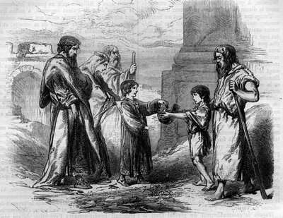 Belisaire (v.500-565) niewidomy i żebrzący na rozkaz Justyniana, któremu dał złoto i ziemię na sprzedaż. Grawer w „Histoire des Papes-Rois-Queen and Empereurs a travers les Century” Maurice Lachatre autorstwa French School
