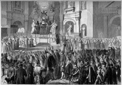 Błogosławieństwo papieża Piusa IX (1792-1878) ołtarza ambony kościoła św. Piotra w Rzymie, po renowacji. Ołtarz zbudowany w latach 1656-1658 przez Gianlorenzo Berniniego (Bernini autorstwa French School