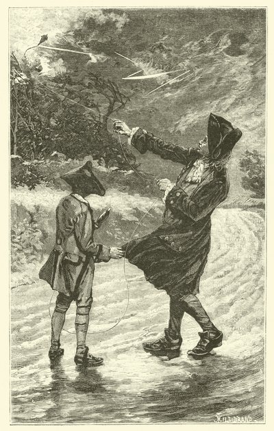 Benjamin Franklin puszczający latawiec (grawerunek) autorstwa French School