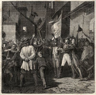 Bertons Conspiracy 1822 - Generał Jean Baptiste Breton (Jean-Baptiste) dit Berton (1769-1822) ustanowił rząd tymczasowy w Thouars w 1822 roku - autorstwa French School