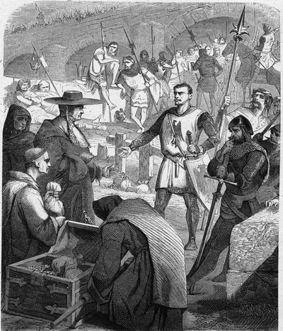 Bertrand du Guesclin (Duguesclin) (ok.1320-1380) konstabl z Francji odmawiający przyjmowania pieniędzy od mieszkańców Awinionu. Grawer w „Historii Francji w stu obrazach Paula Lehugeura” 1891. autorstwa French School