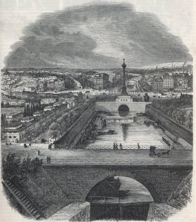 Widok z lotu ptaka na kanał Saint-Martin (Saint-Martin), Place i dzielnicę Bastylii, wzięty z prawego brzegu Sekwany - Grawerowanie w „Tableau-de-Paris” autorstwa Edmonda Texiera 1852 autorstwa French School