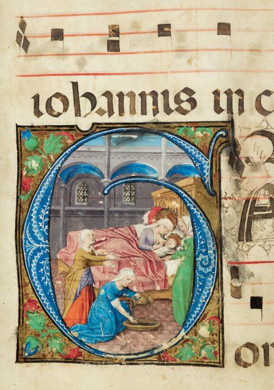 Narodziny Dziewicy, Gradual, f.76 (atrament, tempera i złoto płatkowe na pergaminie) autorstwa French School