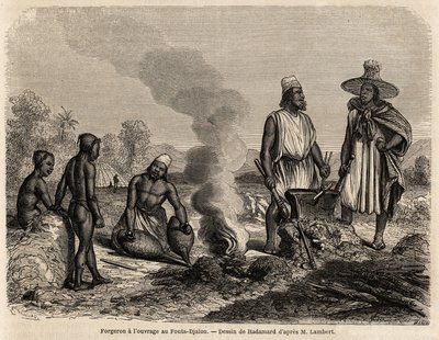 Kowal ma pracę w Fouta Djalon (Senegal), rysunek Hadamarda, aby zilustrować podróż porucznika Lamberta do Fouta Djalon w 1860 roku. Grawerowanie w „” Le tour du monde”” 1861. Kolekcja Selvy. autorstwa French School