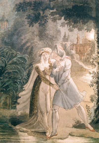 Blanka i Abon Hamet w ogrodach Alhambry, z "Le Dernier des Abencerages" Francois Rene (1768-1848) Vicomte de Chateaubriand (pióro, tusz i wc na papierze) autorstwa French School