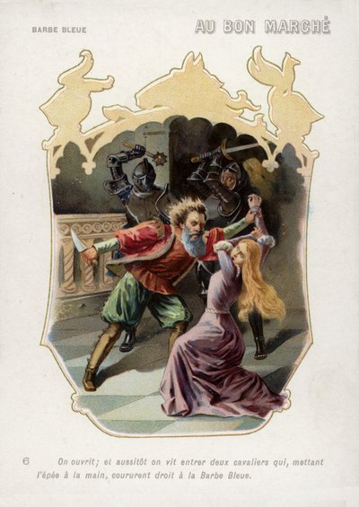 Żona Sinobrodego zostaje uratowana od śmierci z ręki męża przez przybycie jej braci (chromolitho) autorstwa French School