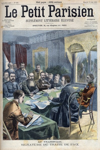 Wojna burska. Podpisanie traktatu pokojowego w Transwalu między wodzami burskimi a brytyjskim generałem Horatio Herbertem Kitchenerem (1850-1916) w Pretorii w RPA. Grawer w „”Le Petit Parisien”” autorstwa French School