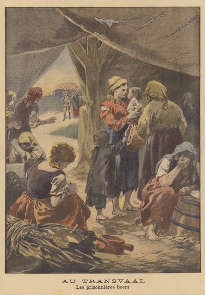 Burskie więźniarki w obozie koncentracyjnym w RPA (kolorowa litografia) autorstwa French School