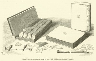 Pudełko na katalog, nowy system w użyciu w Bibliotheque Sainte-Genevieve (grawerowanie) autorstwa French School