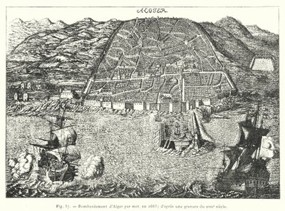 Bombardowanie Algieru drogą morską w 1683 r.; po rycinie z XVII wieku (grafika) autorstwa French School