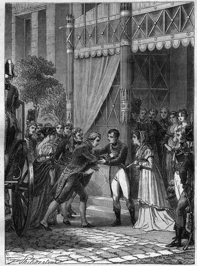 Bonaparte i Josephine de Beauharnais przyjmują młodego króla Etrurii, Ludwika I (Ludwika I z Burbon lub Ludwika I z Borbone) (1773-1803), w towarzystwie jego żony Marii Ludwiki (Marie Louise) z Burbon (1782-1824) w ich dom w Malmaison w lipcu 180 autorstwa French School