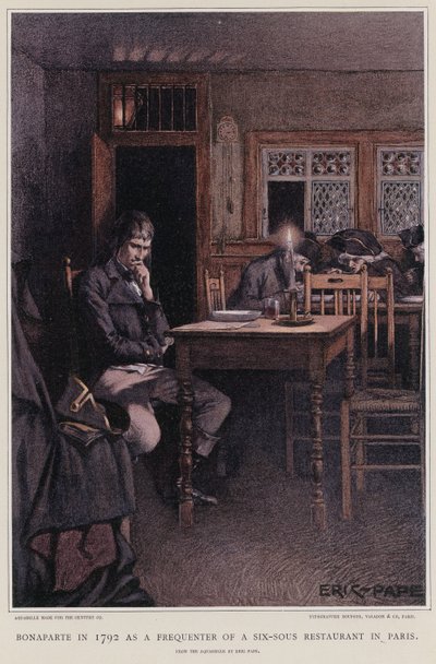 Bonaparte w 1792 r. jako bywalca restauracji za sześć sous w Paryżu autorstwa French School