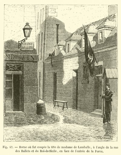 Słupek, na którym odcięto głowę Madame de Lamballe, na rogu rue des Ballets i rue du Roi-de-Sicile, naprzeciwko wejścia do La Force autorstwa French School