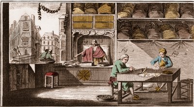 Bouchonnier, produkcja zatyczek korkowych - „” La Grande Encyclopédie, ou Dictionnaire Raisonne des Sciences, des Arts et des Metiers” (Encyklopedia lub Słownik Nauk, Sztuki i Zawodów) autorstwa Denisa Diderota (1713-1784) i Jeana d