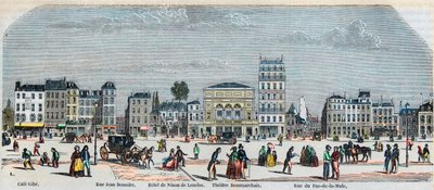 Boulevard Beaumarchais strona południowa - Cafe Gibe - Hotel de Ninon de Laclos - Teatr Beaumarchais - Rue pas de la mule - Grawerowanie w „Tableau-de-Paris” autorstwa Edmonda Texiera 1852 autorstwa French School