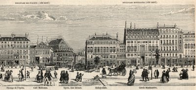 Boulevard des Italiens i bulwar Montmartre - Cafe Mulhouse - Cercle Montmartre - Jockey club - Grawerowanie w „Tableau-de-Paris” autorstwa Edmonda Texiera 1852 - autorstwa French School