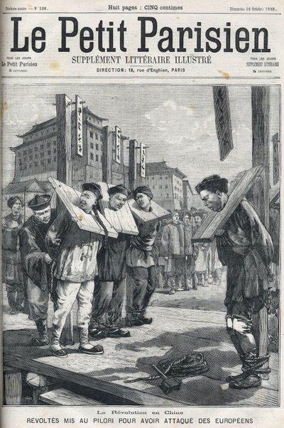 Boxer Revolt w Chinach w 1898: Rewolty pod pręgierzem za atakowanie Europejczyków. Okładka „Le petit parisien”” z 1898 r. autorstwa French School