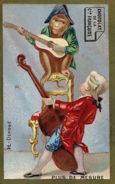 Chłopiec i małpa grają razem na instrumentach muzycznych (chromolitho) autorstwa French School